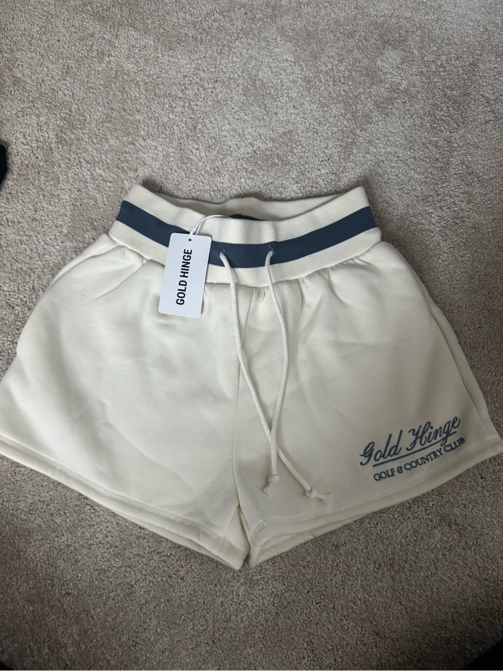 Gold Hinge Cream Athletic Drawstring Shorts with Navy Trim